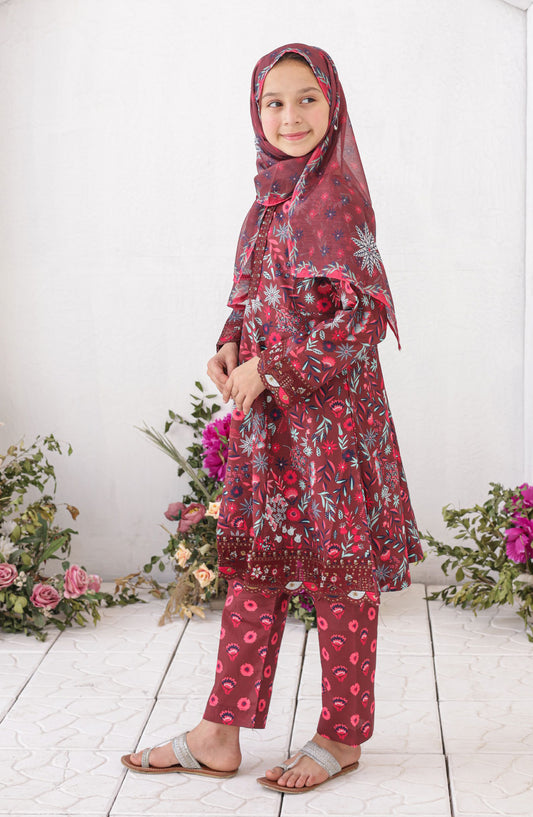 Shifa by Suntex Girls Guriya Embroidered Lawn Stitched 3 Piece Suit - SH-2624K - SF26ED - Maroon - Eid Collection