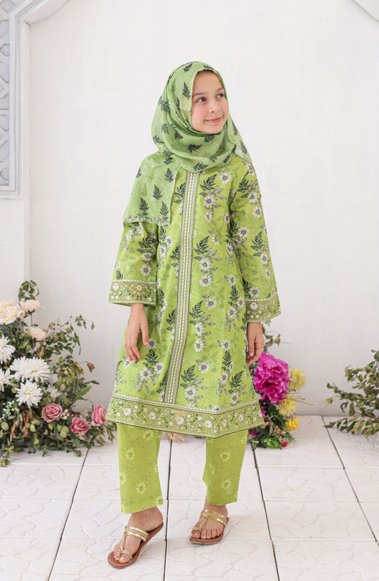 Shifa by Suntex Girls Guriya Embroidered Lawn Stitched 3 Piece Suit - SH-2625K - SF26ED - Green - Eid Collection