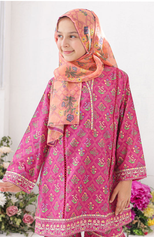Shifa by Suntex Girls Guriya Embroidered Lawn Stitched 3 Piece Suit - SH-2627K - SF26ED - Majenta - Eid Collection