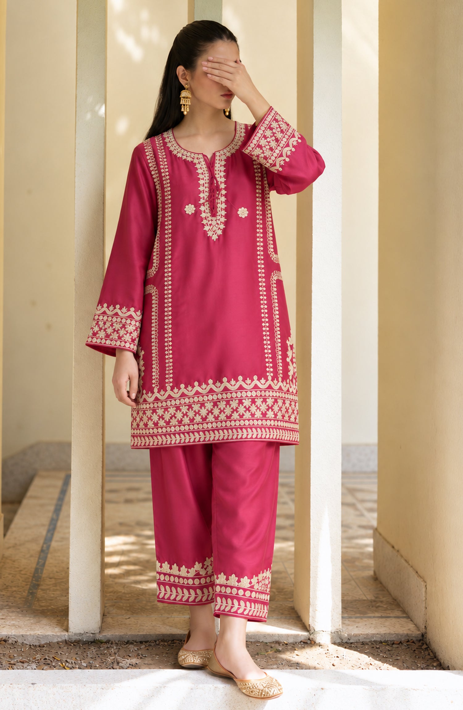 Shimmer by Amna Khadija Embroidered Shamooz Silk Stitched 2 Co-ord Set - AKSS-01 - AM26SMR - Pink - Casual Collection