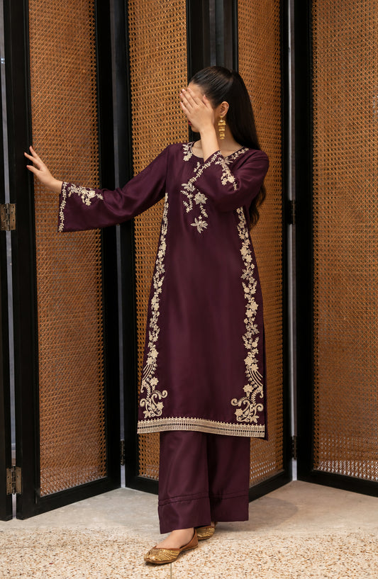 Shimmer by Amna Khadija Embroidered Shamooz Silk Stitched 2 Co-ord Set - AKSS-02 - AM26SMR - Purple - Casual Collection