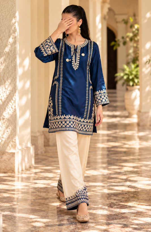 Shimmer by Amna Khadija Embroidered Shamooz Silk Stitched 2 Co-ord Set - AKSS-03 - AM26SMR - Blue - Casual Collection