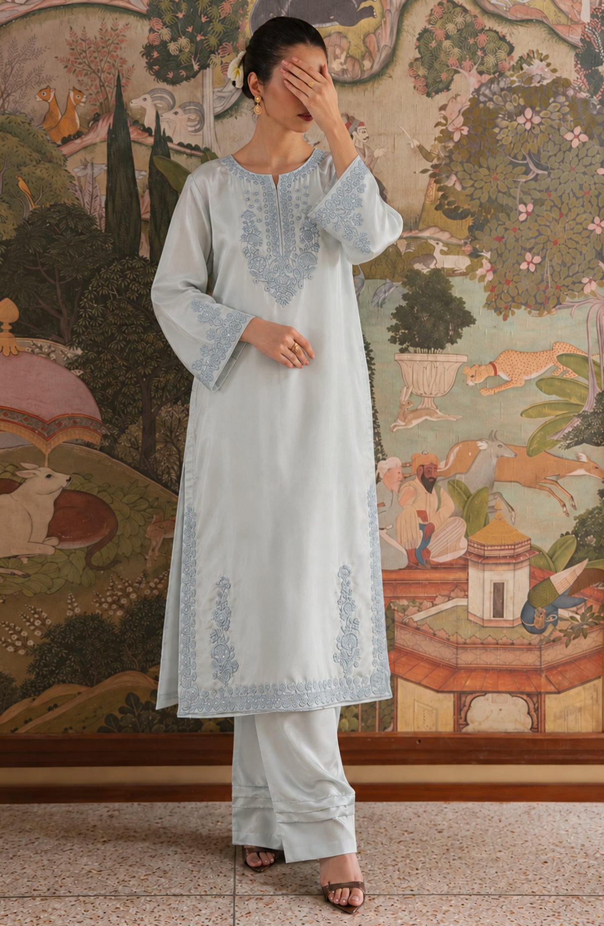 Shimmer by Amna Khadija Embroidered Shamooz Silk Stitched 2 Co-ord Set - AKSS-05 - AM26SMR - Ice Blue - Casual Collection