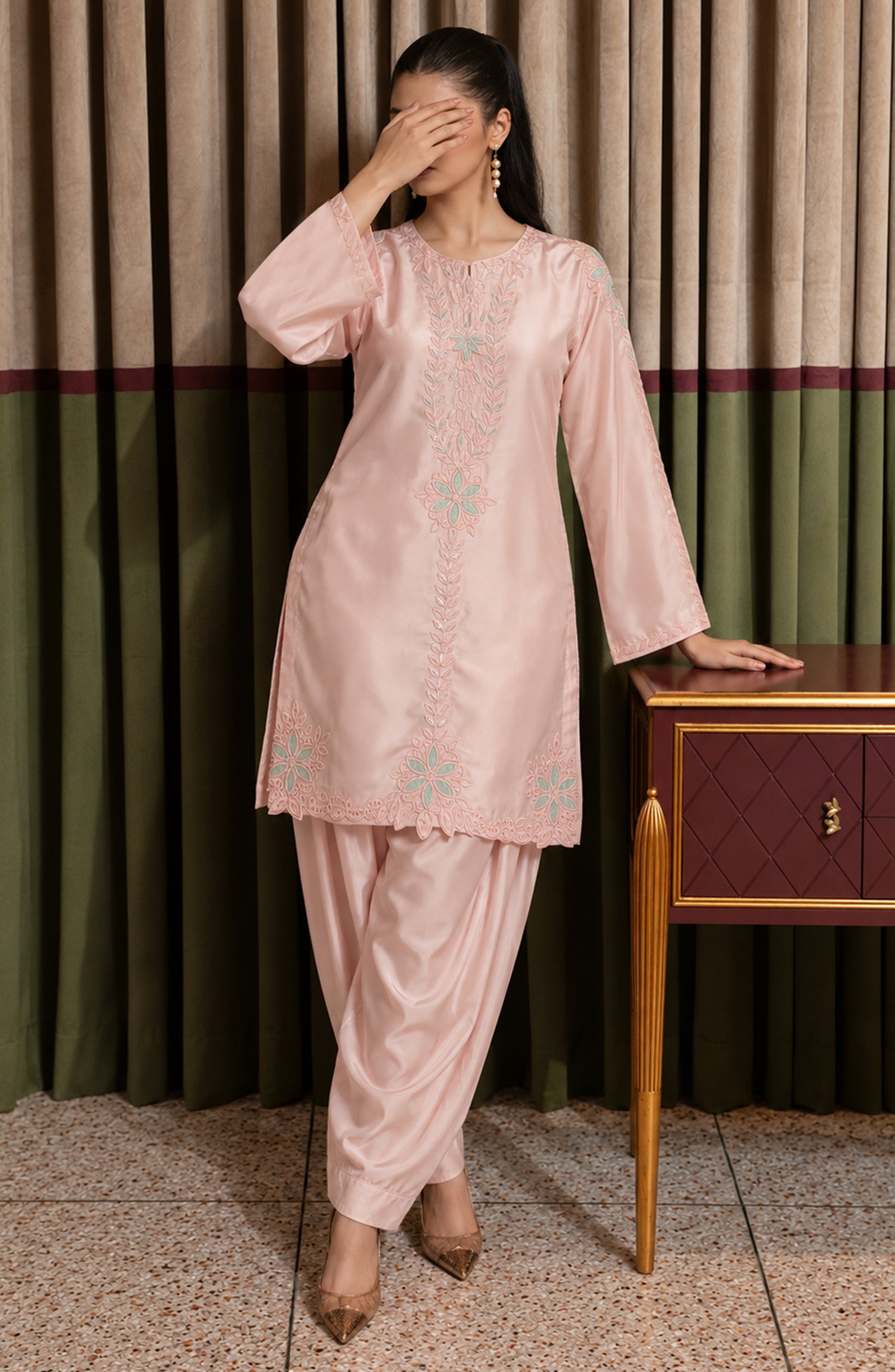 Shimmer by Amna Khadija Embroidered Shamooz Silk Stitched 2 Co-ord Set - AKSS-09 - AM26SMR - Light Pink - Casual Collection