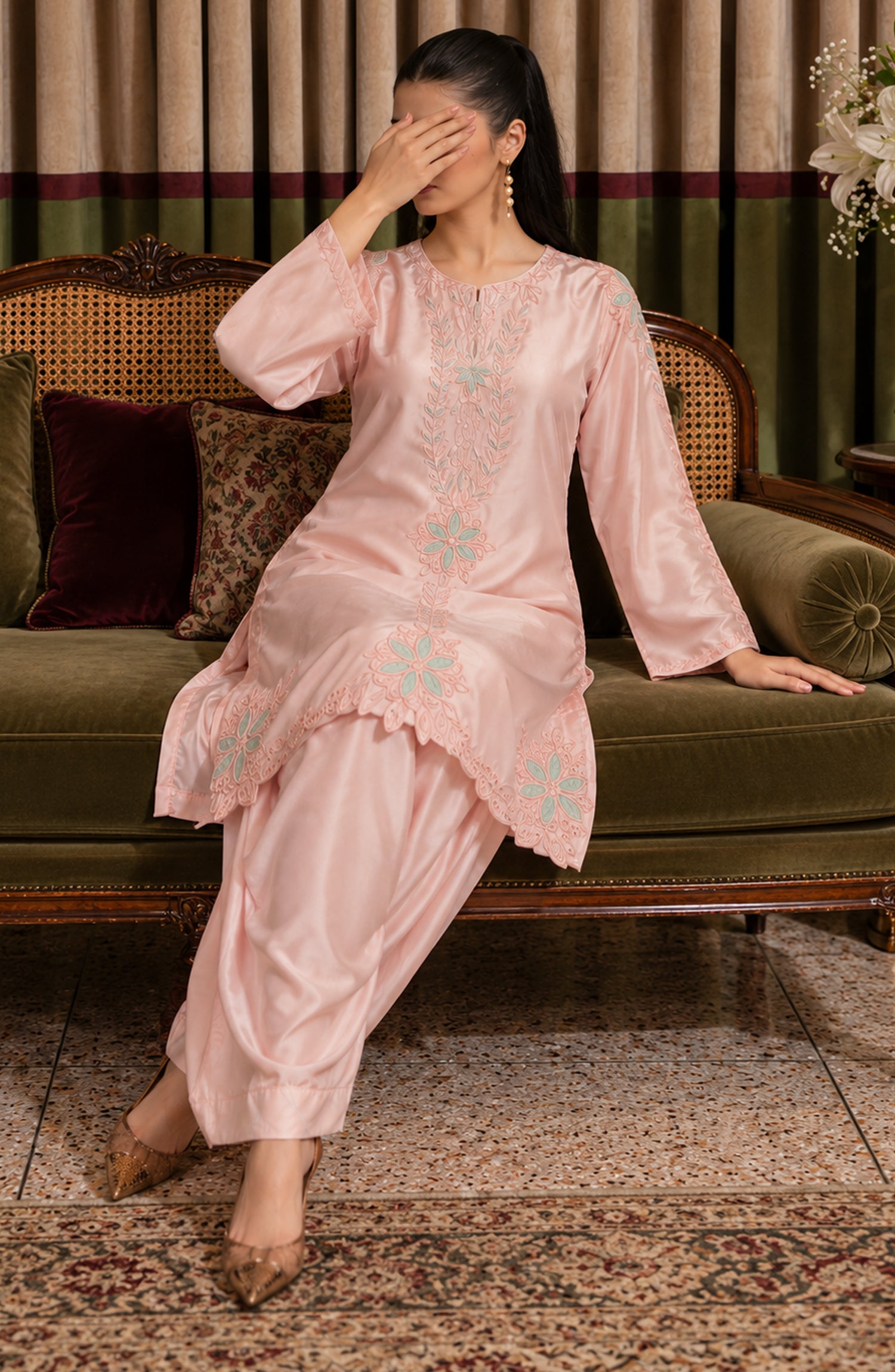Shimmer by Amna Khadija Embroidered Shamooz Silk Stitched 2 Co-ord Set - AKSS-09 - AM26SMR - Light Pink - Casual Collection