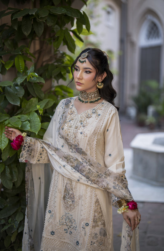 Silvana by Guzel Luxury Embroidered Chiffon Stitched 3 Piece Suit - Ivory Opulent Majesty - GUZ25VAN - Fawn - Formal Collection