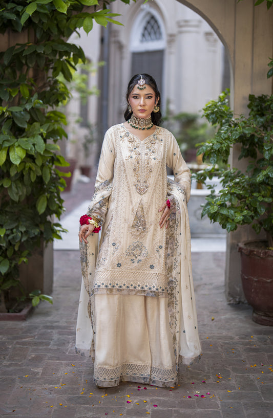 Silvana by Guzel Luxury Embroidered Chiffon Stitched 3 Piece Suit - Ivory Opulent Majesty - GUZ25VAN - Fawn - Formal Collection