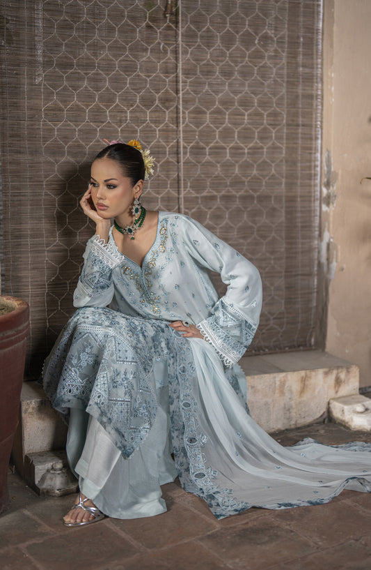 Silvana by Guzel Luxury Embroidered Chiffon Stitched 3 Piece Suit - Frosted Sky Gleam - GUZ25VAN - Blue - Formal Collection