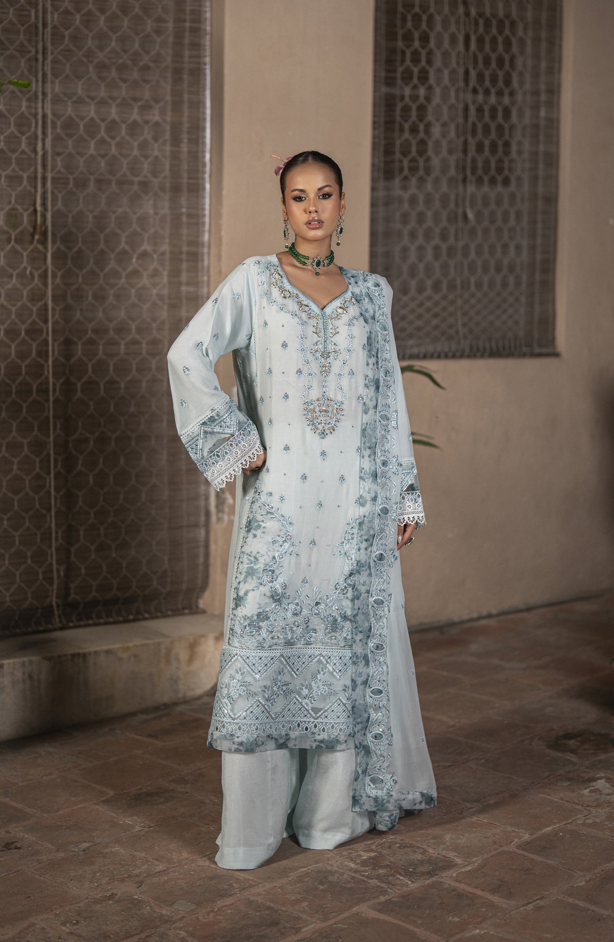 Silvana by Guzel Luxury Embroidered Chiffon Stitched 3 Piece Suit - Frosted Sky Gleam - GUZ25VAN - Blue - Formal Collection