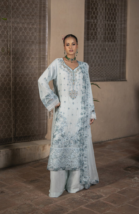 Silvana by Guzel Luxury Embroidered Chiffon Stitched 3 Piece Suit - Frosted Sky Gleam - GUZ25VAN - Blue - Formal Collection