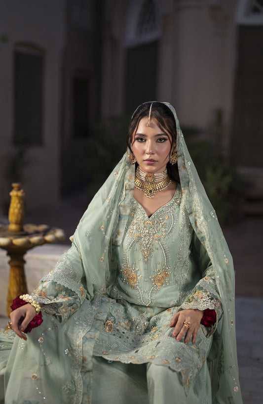 Silvana by Guzel Luxury Embroidered Chiffon Stitched 3 Piece Suit - Silvana Mint Reverie - GUZ25VAN - Green - Formal Collection