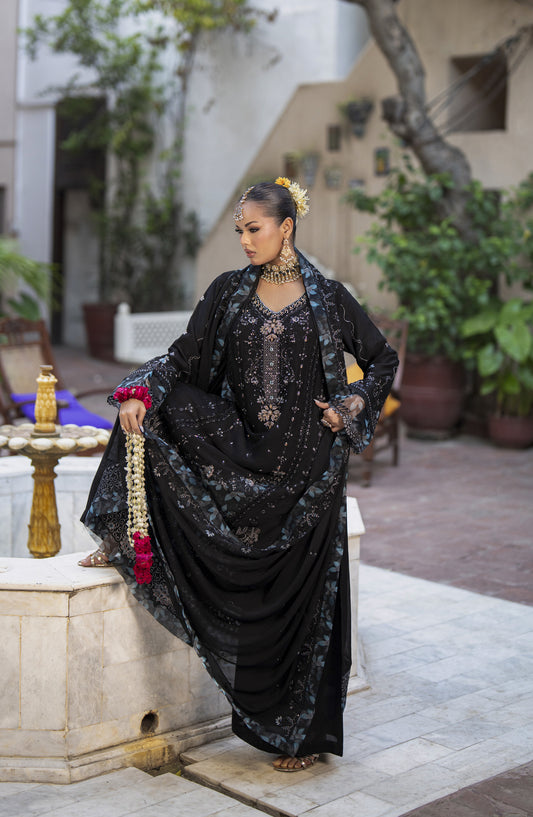 Silvana by Guzel Luxury Embroidered Chiffon Stitched 3 Piece Suit - Noir Twilight Aura - GUZ25VAN - Black - Formal Collection