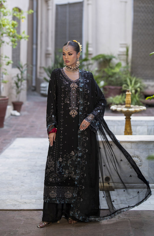 Silvana by Guzel Luxury Embroidered Chiffon Stitched 3 Piece Suit - Noir Twilight Aura - GUZ25VAN - Black - Formal Collection