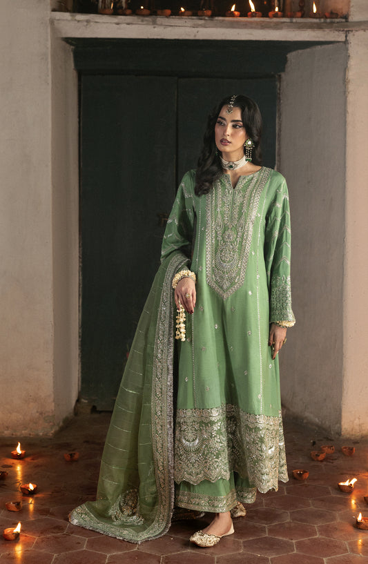 Singhar by Saad Shaikh X Meeral Luxury Embroidered Raw Silk Unstitched 3 Piece Suit - AIRA - SSH25SNG - Light Green - Festive Collection
