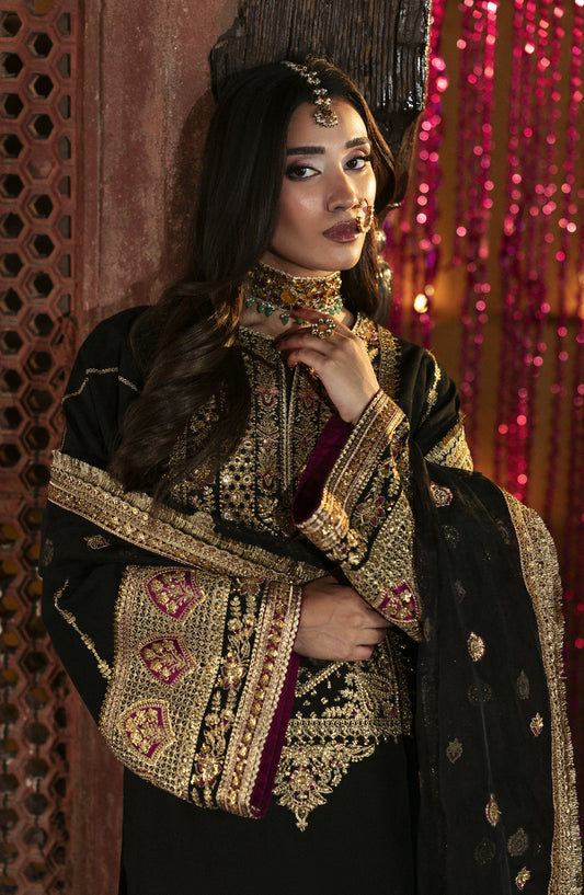 Singhar by Saad Shaikh X Meeral Luxury Embroidered Raw Silk Unstitched 3 Piece Suit - YASMIN - SSH25SNG - Black - Festive Collection