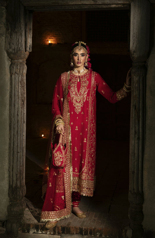 Singhar by Saad Shaikh X Meeral Luxury Embroidered Raw Silk Unstitched 3 Piece Suit - PASHMA - SSH25SNG - Red - Festive Collection