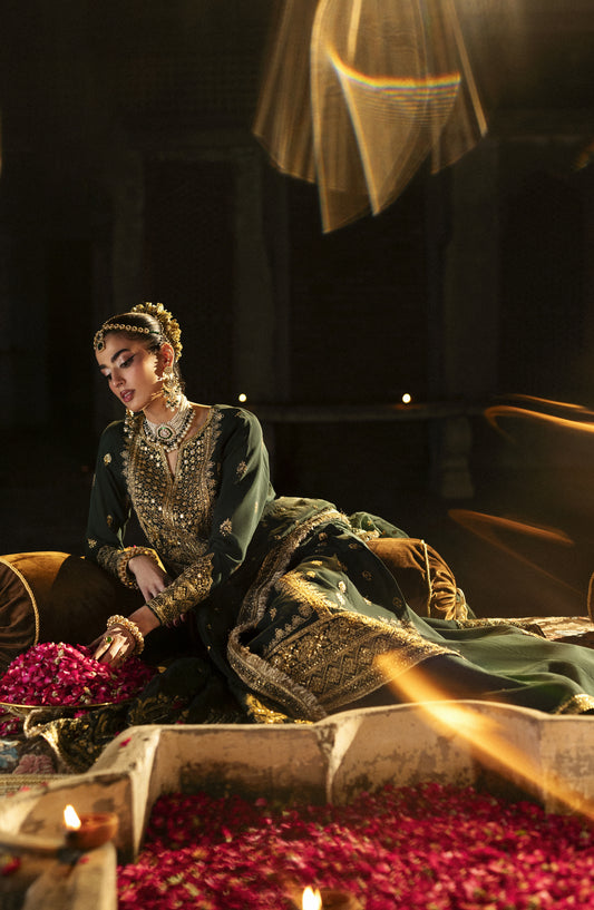 Singhar by Saad Shaikh X Meeral Luxury Embroidered Raw Silk Unstitched 3 Piece Suit - ZAIB - SSH25SNG - Dark Green - Festive Collection