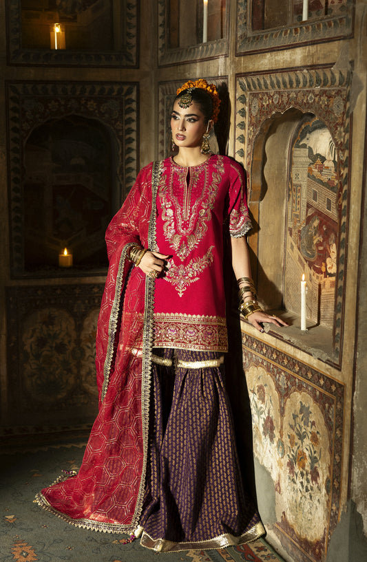 Singhar by Saad Shaikh X Meeral Luxury Embroidered Raw Silk Unstitched 3 Piece Suit - GULNAAR - SSH25SNG - Magenta - Festive Collection