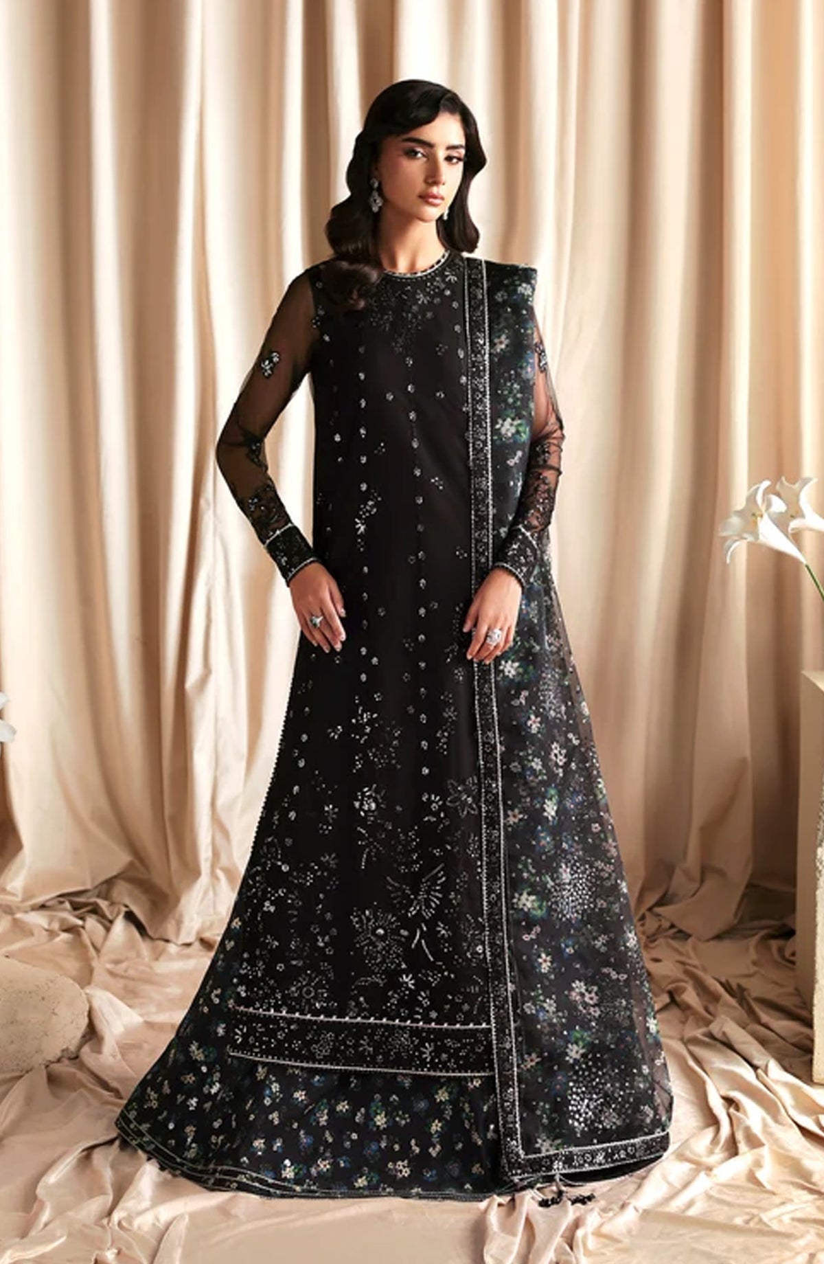 Siraya by Zarif Embroidered Net Unstitched 3 Piece Suit - 06 Kavish - ZRF26SRY - Black - Formal Collection