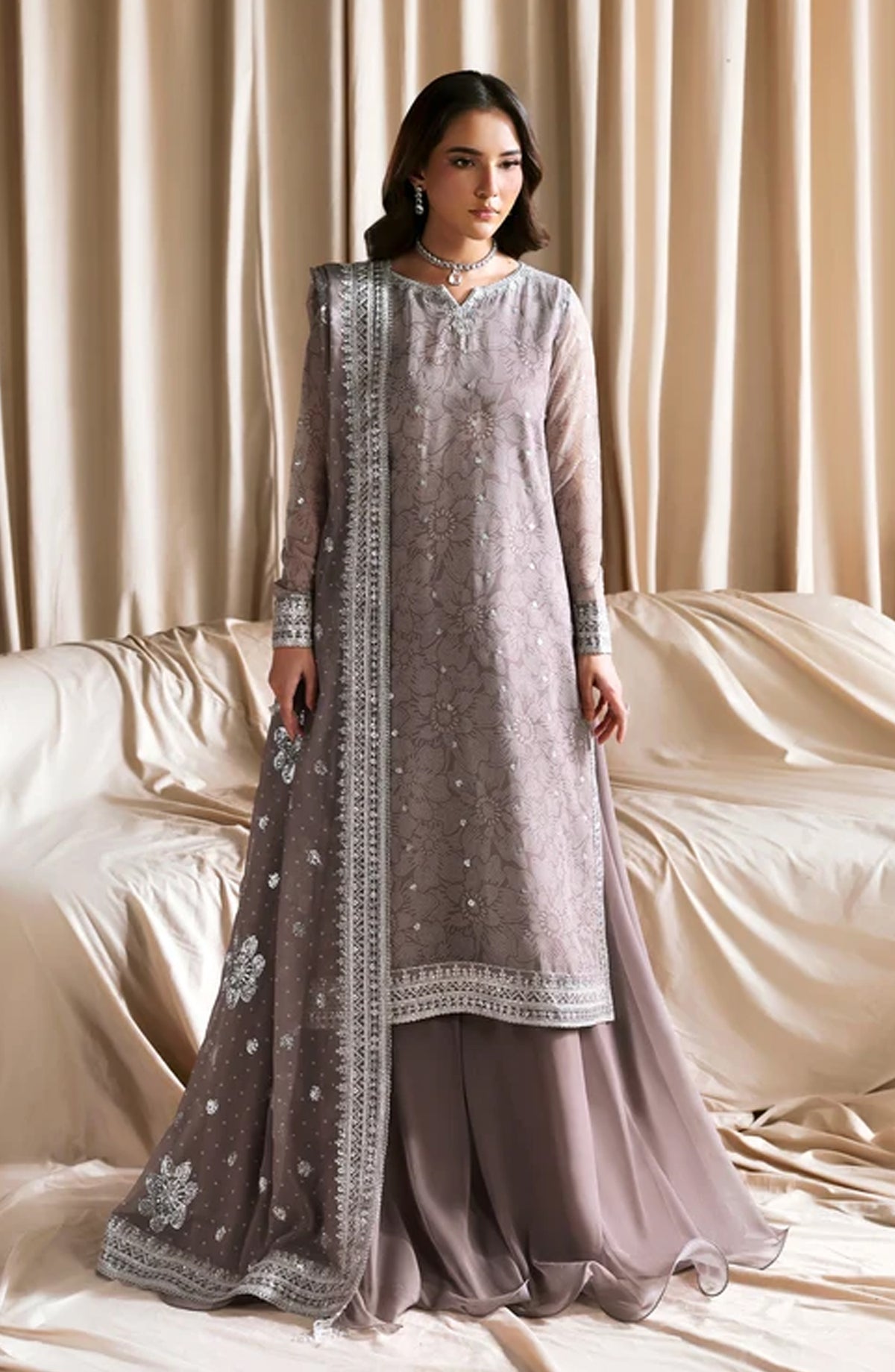 Siraya by Zarif Embroidered Chiffon Unstitched 3 Piece Suit - 05 Sitara - ZRF26SRY - Grey - Formal Collection