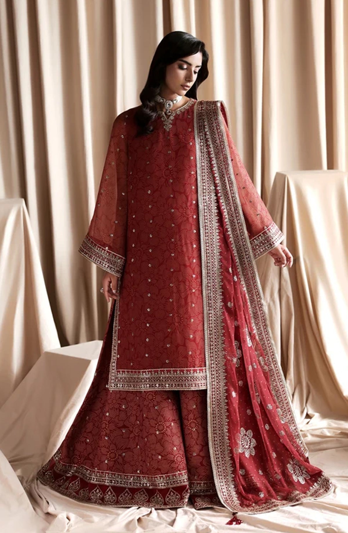 Siraya by Zarif Embroidered Chiffon Unstitched 3 Piece Suit - 04 Maheen - ZRF26SRY - Red - Formal Collection
