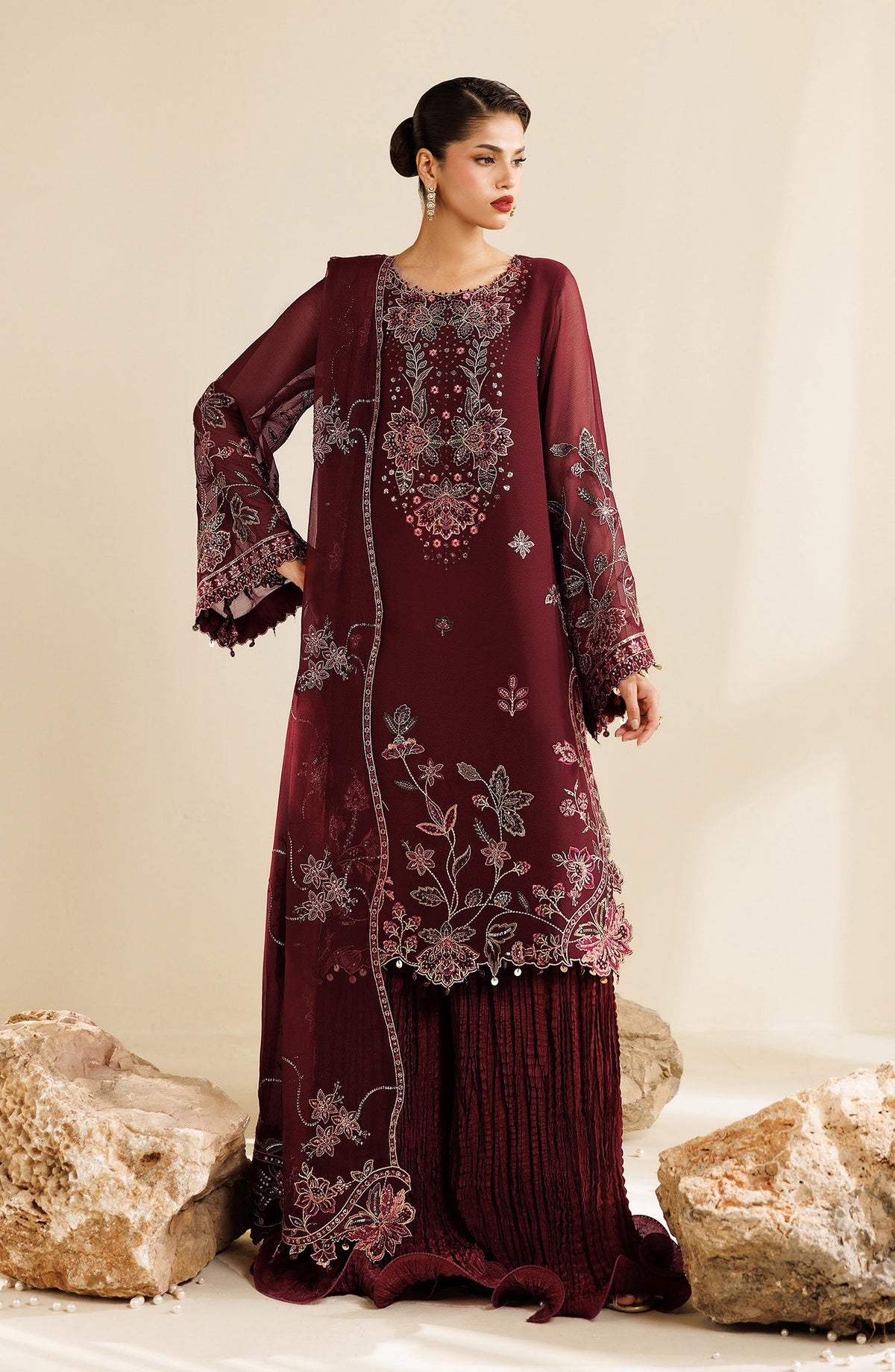 Sireine by Alizeh Embroidered Chiffon Unstitched 3 Piece Suit - 2290 - ALZ26RN - Maroon - Formal Collection