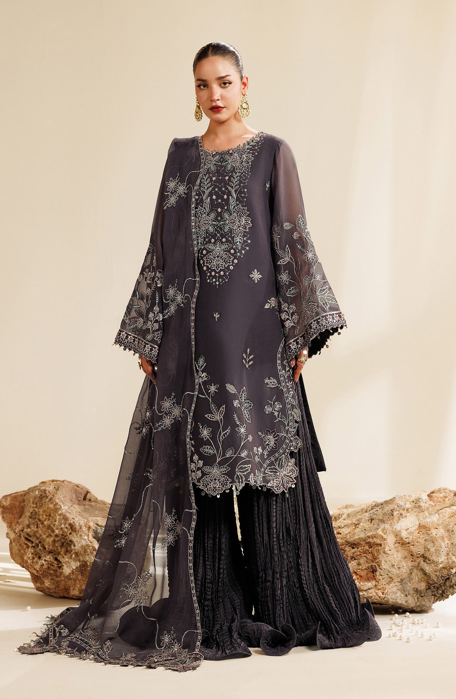 Sireine by Alizeh Embroidered Chiffon Unstitched 3 Piece Suit - 2291 - ALZ26RN - Grey - Formal Collection