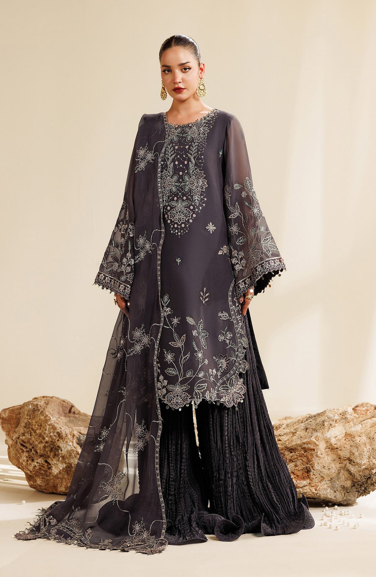Sireine by Alizeh Embroidered Chiffon Unstitched 3 Piece Suit - 2291 - ALZ26RN - Grey - Formal Collection