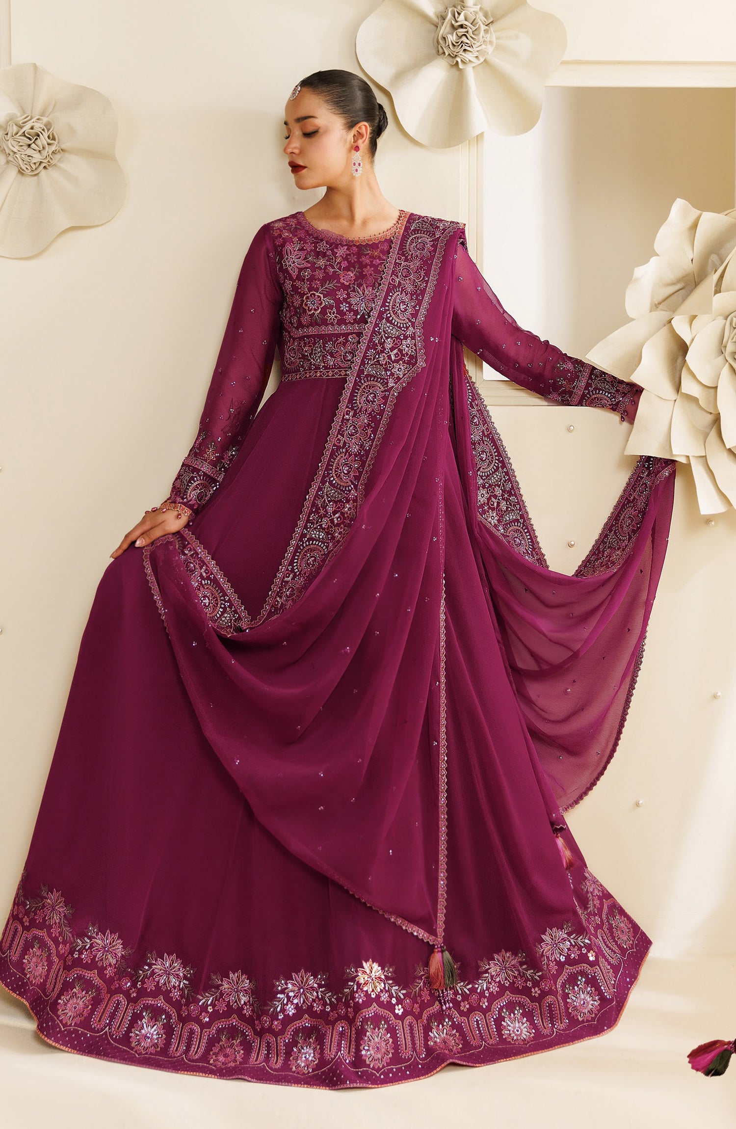 Sireine by Alizeh Embroidered Chiffon Unstitched 3 Piece Suit - 2293 - ALZ26RN - Pink - Formal Collection
