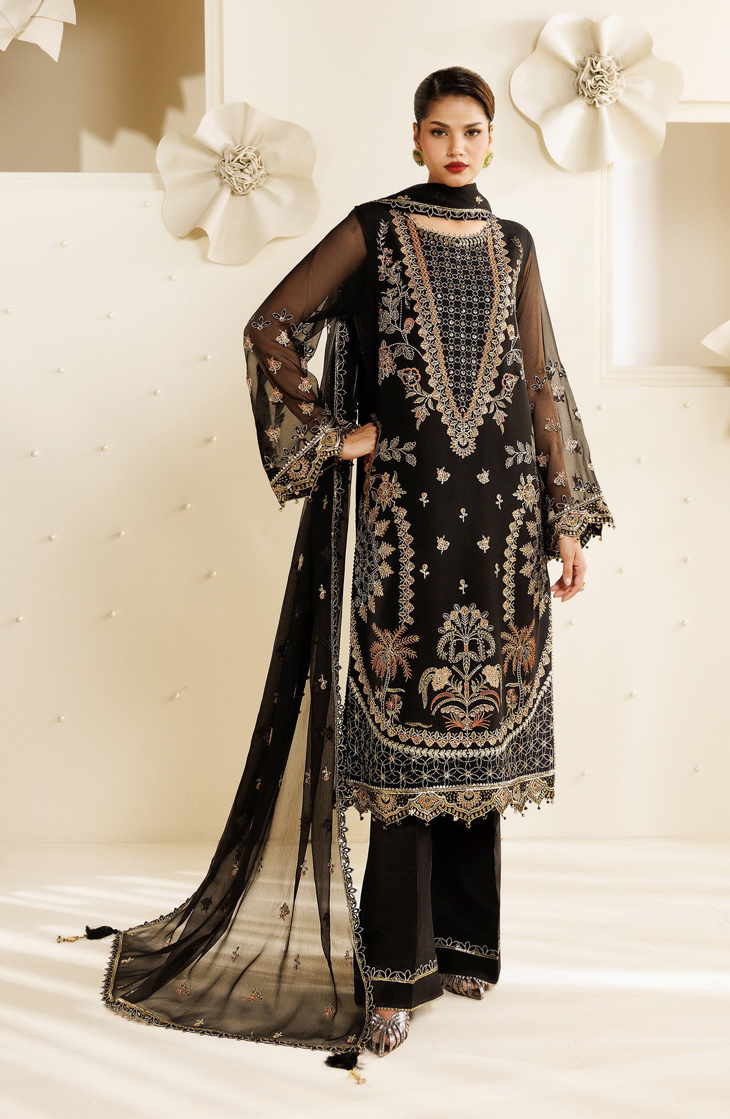 Sireine by Alizeh Embroidered Chiffon Unstitched 3 Piece Suit - 2294 - ALZ26RN - Black - Formal Collection