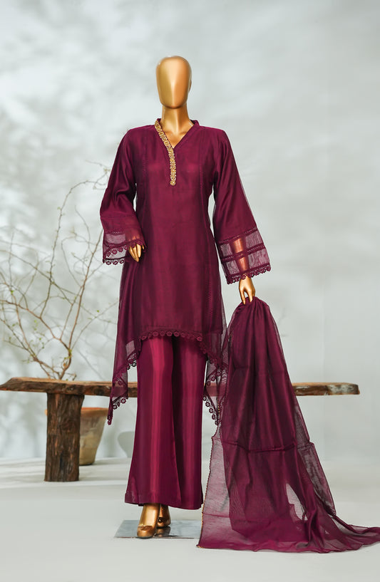 Sitara Boutique by Amna Khadija Printed Khadi Net Stitched 3 Piece Suit - AKSB-03 - AM26KSB - Maroon - Festive Collection
