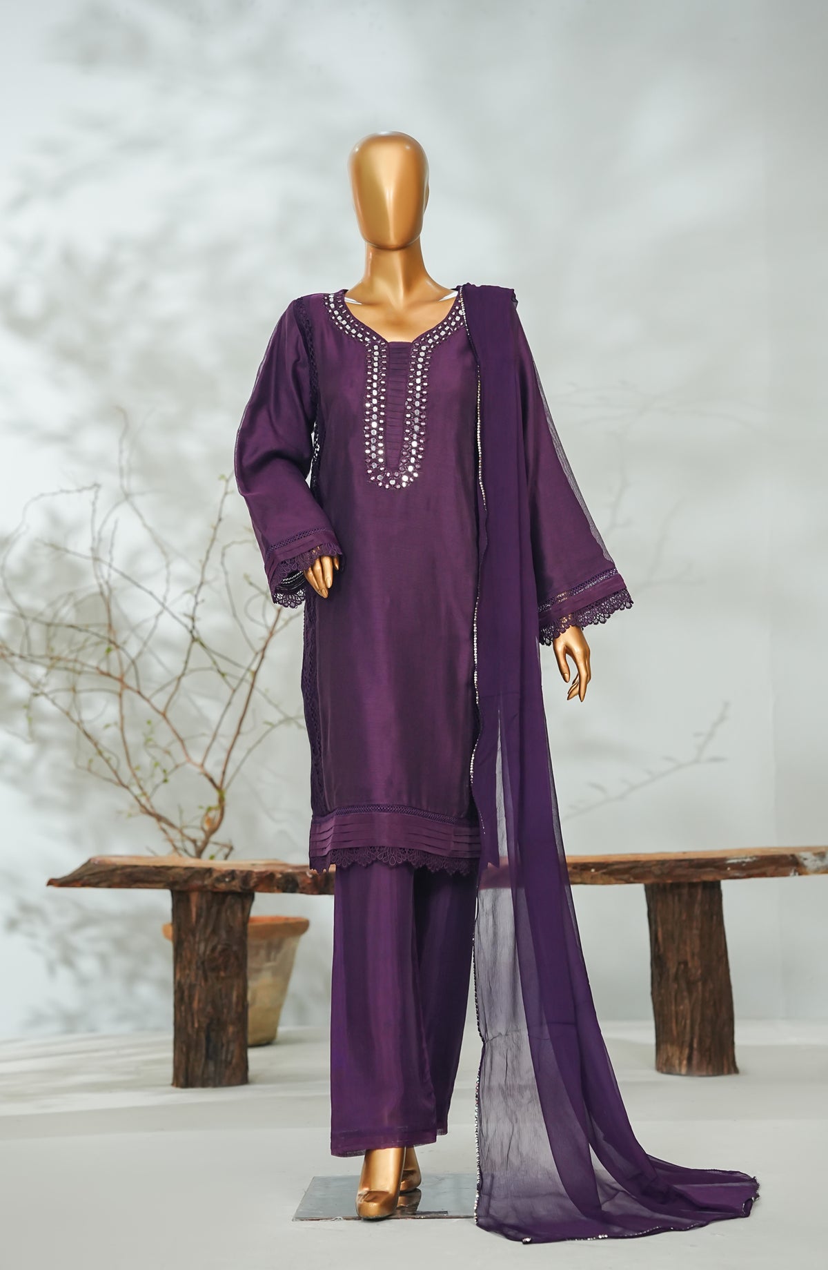 Sitara Boutique by Amna Khadija Printed Khadi Net Stitched 3 Piece Suit - AKSB-08 - AM26KSB - Purple - Festive Collection