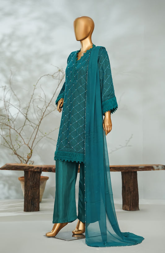 Sitara Boutique by Amna Khadija Printed Khadi Net Stitched 3 Piece Suit - AKSB-09 - AM26KSB - Teal - Festive Collection