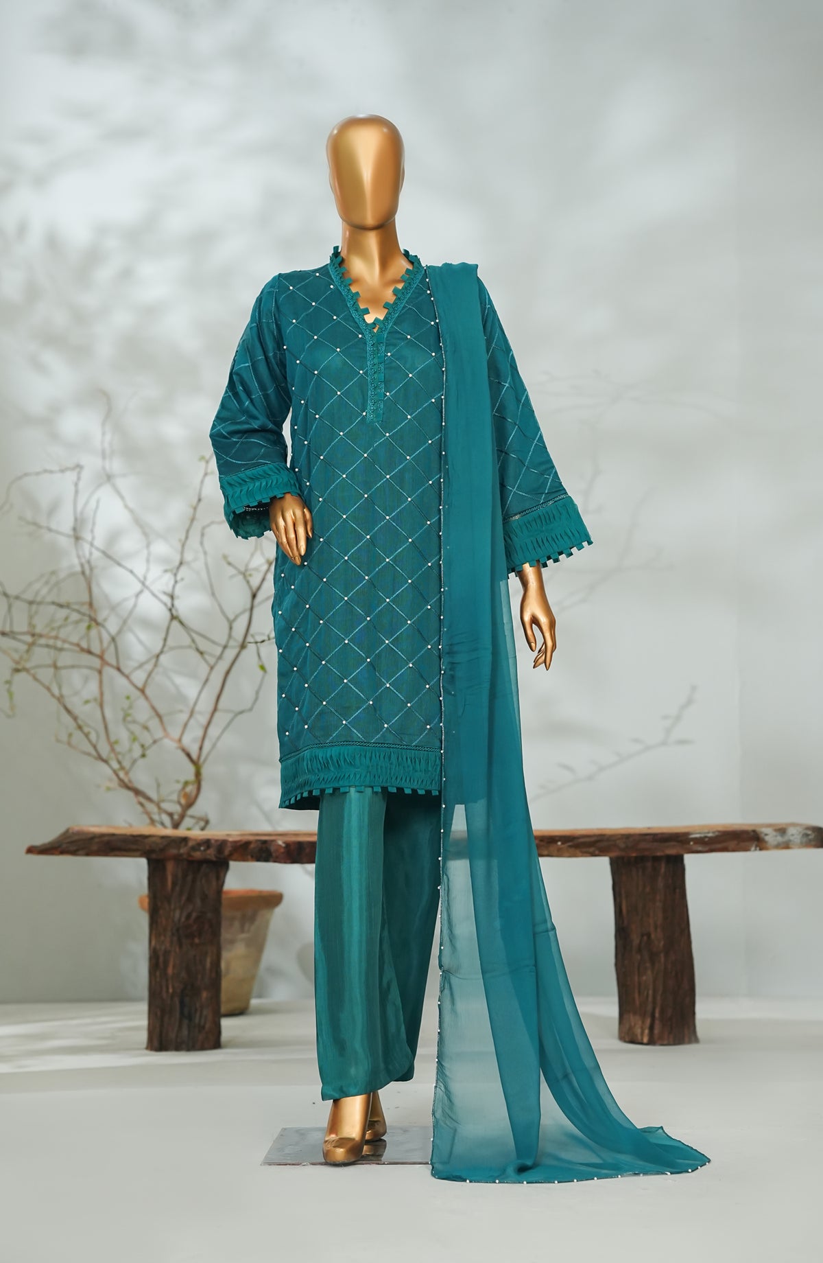 Sitara Boutique by Amna Khadija Printed Khadi Net Stitched 3 Piece Suit - AKSB-09 - AM26KSB - Teal - Festive Collection