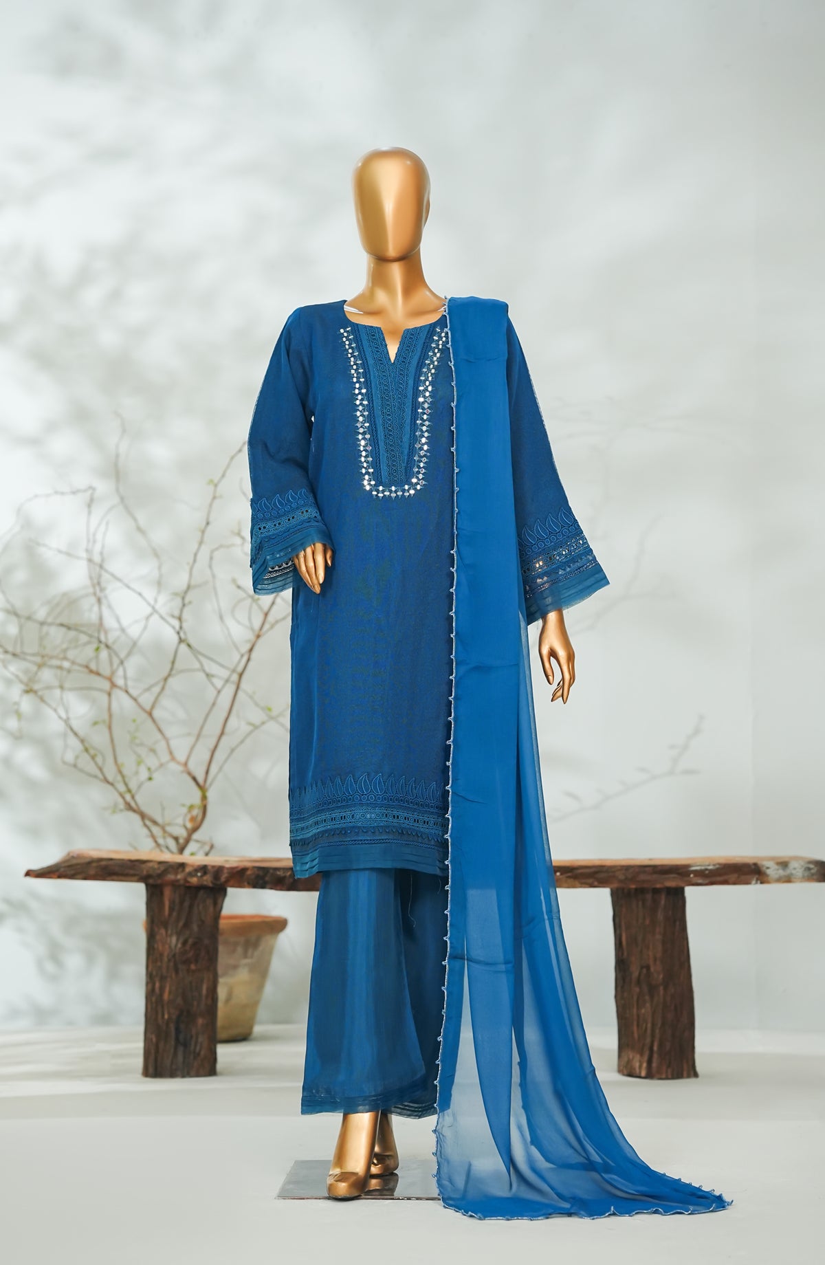 Sitara Boutique by Amna Khadija Printed Khadi Net Stitched 3 Piece Suit - AKSB-11 - AM26KSB - Blue - Festive Collection