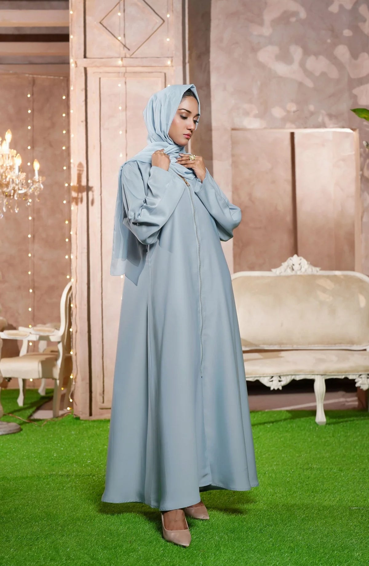 Kohinoor by TGM Front Open with Zipper Closure Premium Nidha Abaya - Sky Marine - TGM25KOH - Blue