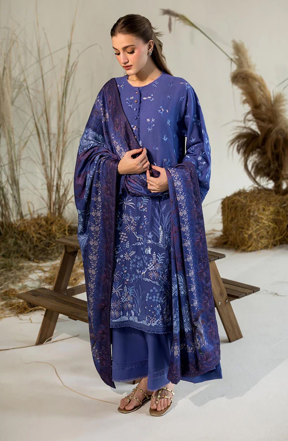 Sobia Nazir Embroidered Karandi Unstitched 3 Piece Suit - Design-1B - SN25WN - Blue - Winter Collection