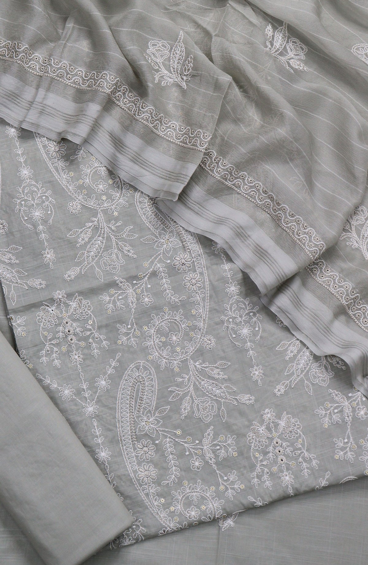 S Chandi by Amna Khadija Fine Embroidered Lawn Unstitched 3 Piece Suit - Design-04 - AM25SND - Grey - Summer Collection