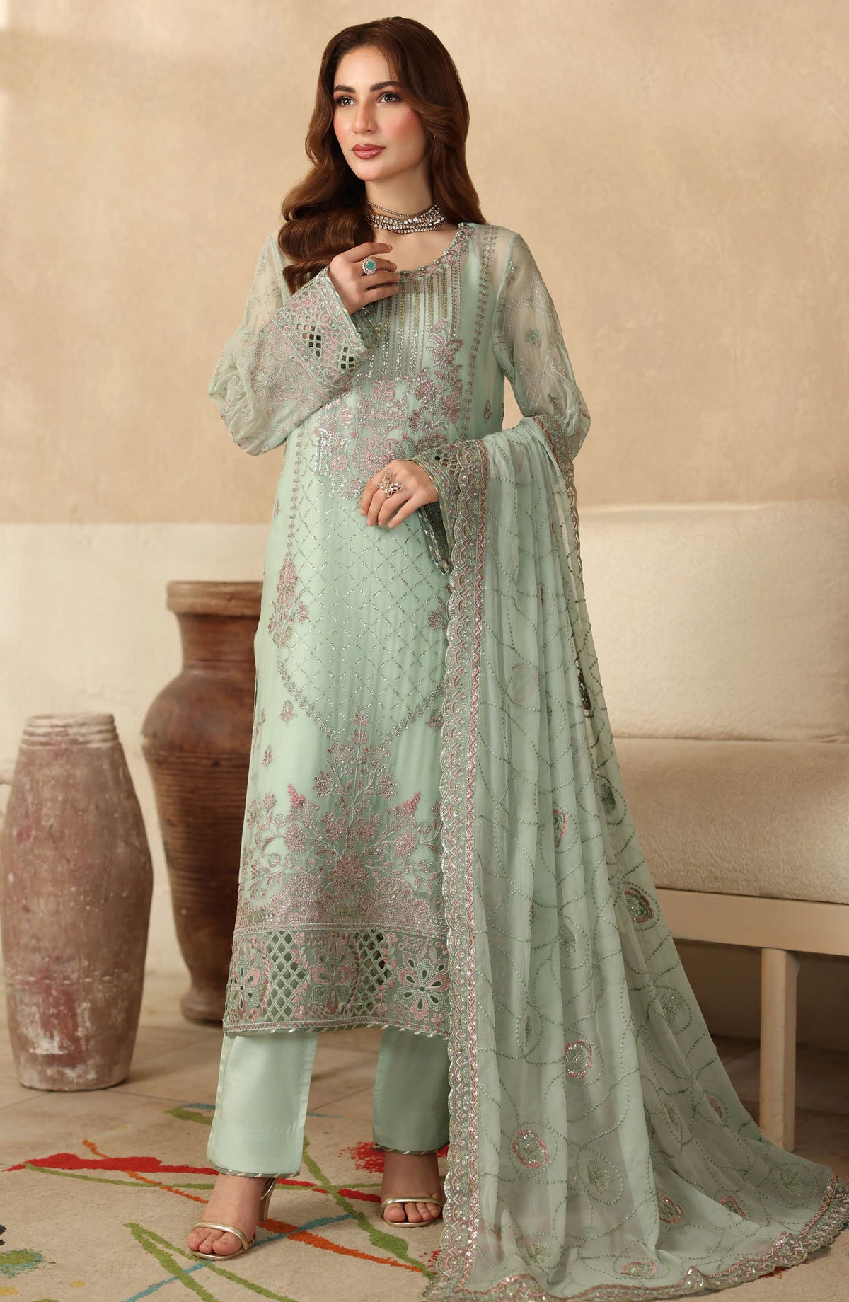 Sonehri by Ramsha Embroidered Chiffon Unstitched 3 Piece Suit - BB-205 - RM25SOHN - Green - Formals Collection
