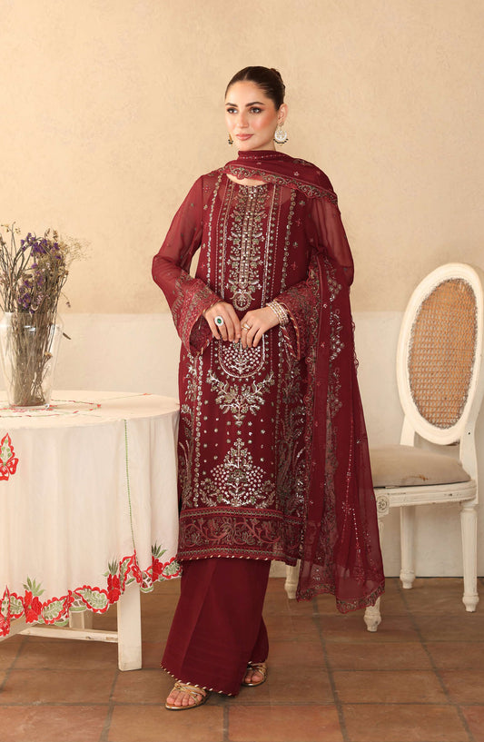 Sonehri by Ramsha Embroidered Chiffon Unstitched 3 Piece Suit - BB-204 - RM25SOHN - Red - Formals Collection