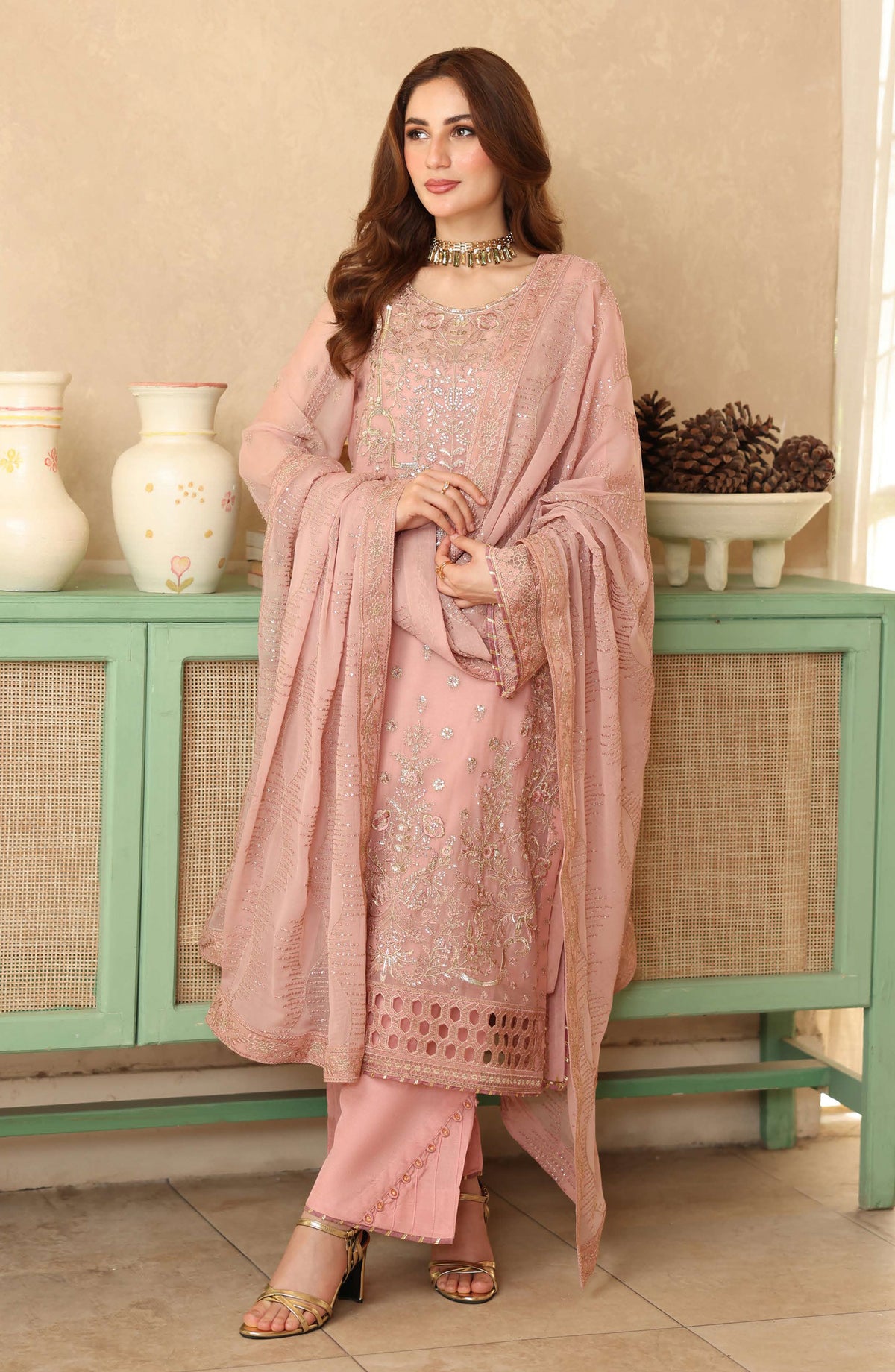 Sonehri by Ramsha Embroidered Chiffon Unstitched 3 Piece Suit - BB-201 - RM25SOHN - Pink - Formals Collection