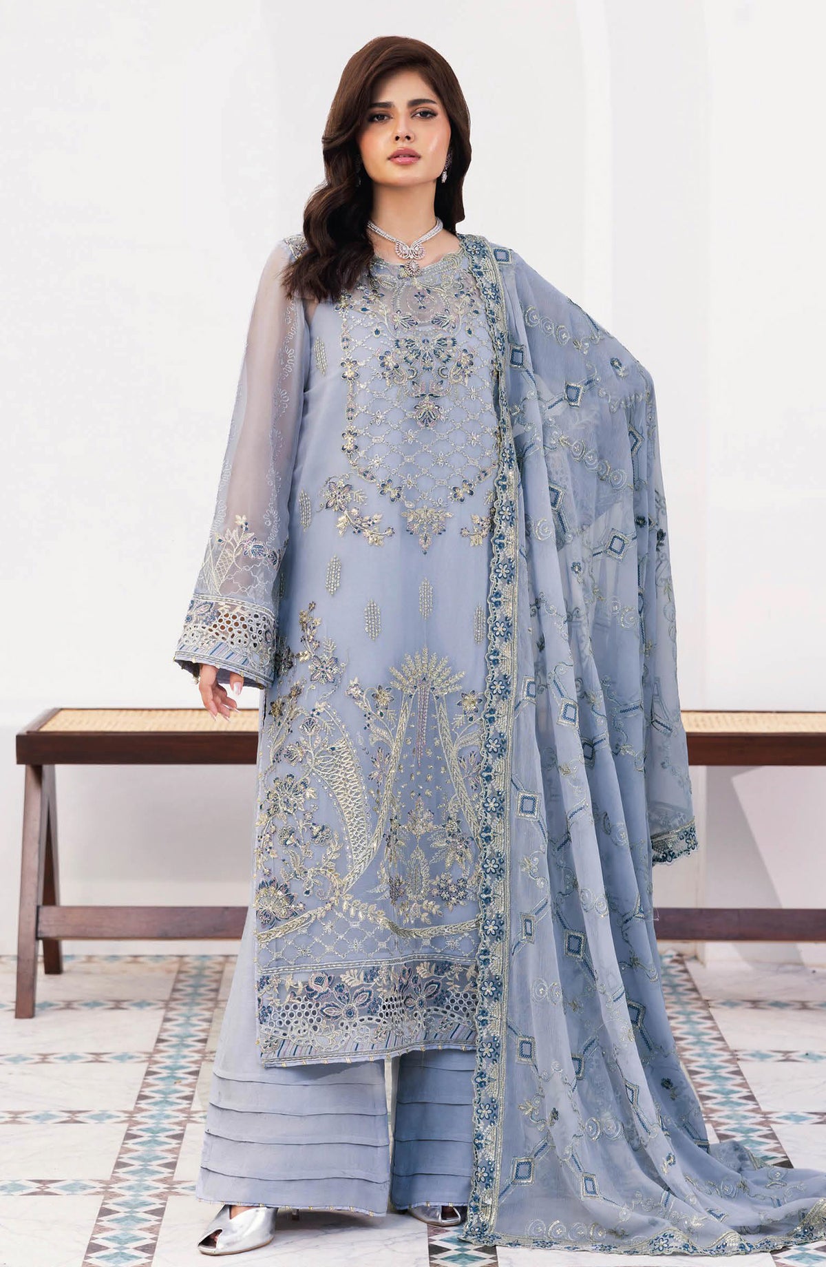 Sonehri by Ramsha Embroidered Chiffon Unstitched 3 Piece Suit - BB-308 - RM26STR - Blue - Festive Collection