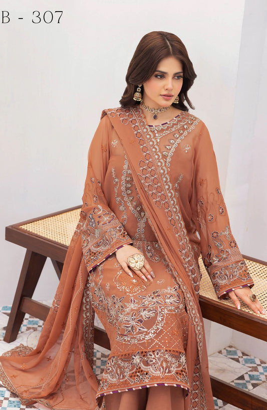 Sonehri by Ramsha Embroidered Chiffon Unstitched 3 Piece Suit - BB-307 - RM26STR - Rust - Festive Collection
