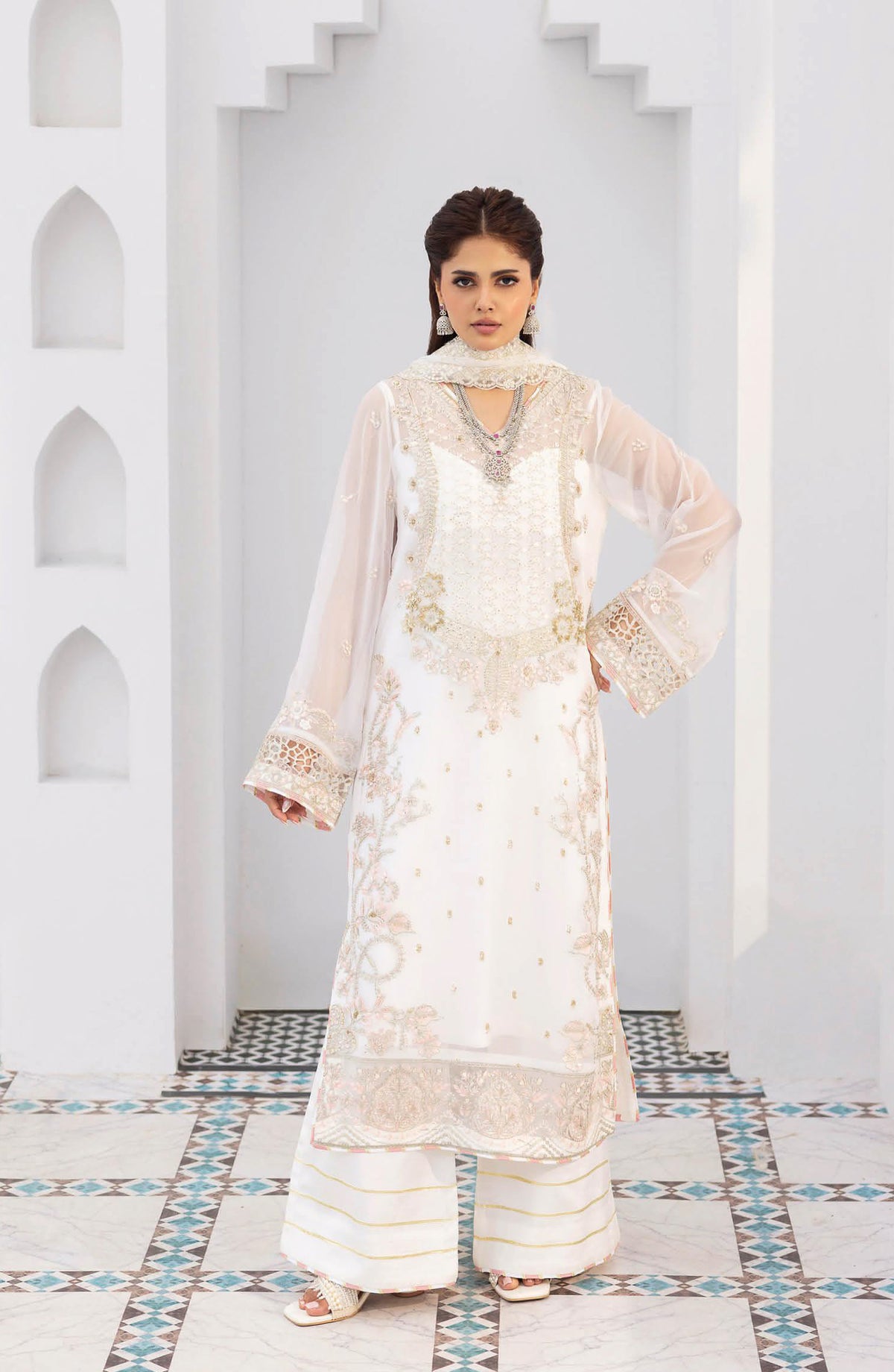 Sonehri by Ramsha Embroidered Chiffon Unstitched 3 Piece Suit - BB-305 - RM26STR - White - Festive Collection