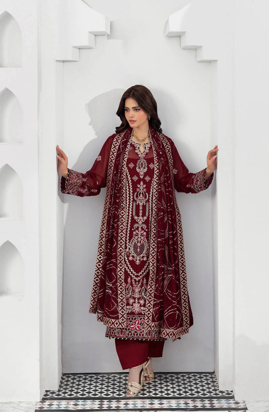 Sonehri by Ramsha Embroidered Chiffon Unstitched 3 Piece Suit - BB-301 - RM26STR - Maroon - Festive Collection