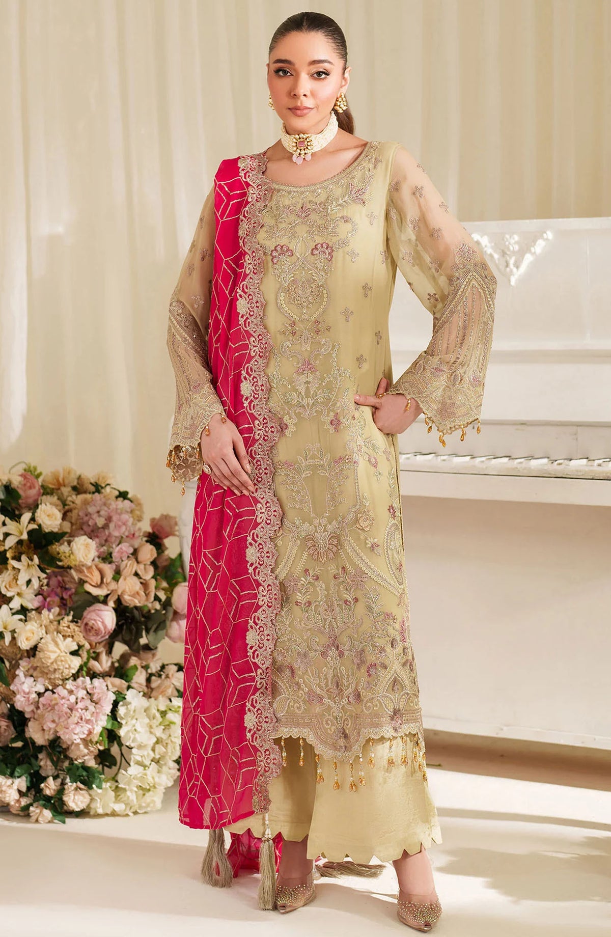 Noore by Imrozia Embroidered Chiffon Unstitched 3 Piece Suit - M-95 DHAHLIA - IMP25NOR - Lemon - Festive Collection