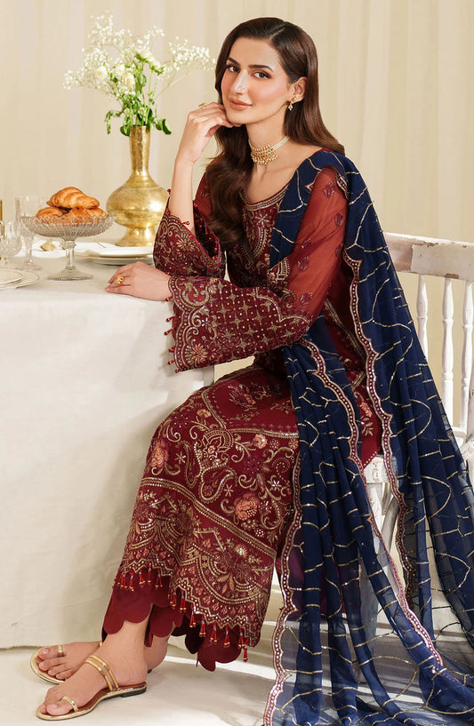 Noore by Imrozia Embroidered Chiffon Unstitched 3 Piece Suit - M-94 SAIRA - IMP25NOR - Maroon - Festive Collection