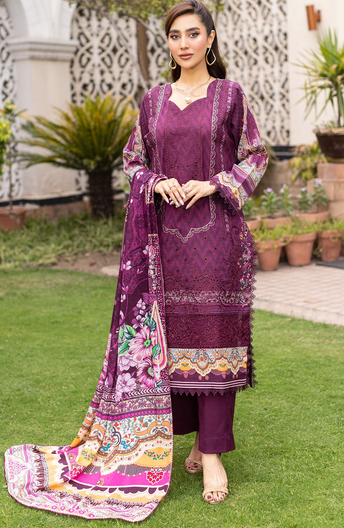 Sub Rang by Al Karim Embroidered Lawn Unstitched 3 Piece Suit - DP-2825 - AK26SUBR - Purple - Summer Collection