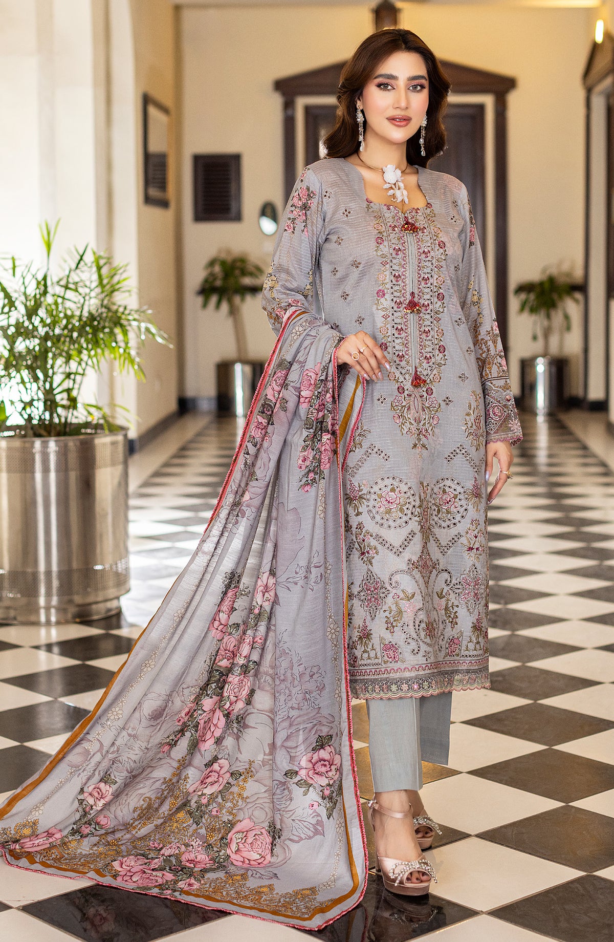 Sub Rang by Al Karim Embroidered Lawn Unstitched 3 Piece Suit - DP-2824 - AK26SUBR - Grey - Summer Collection