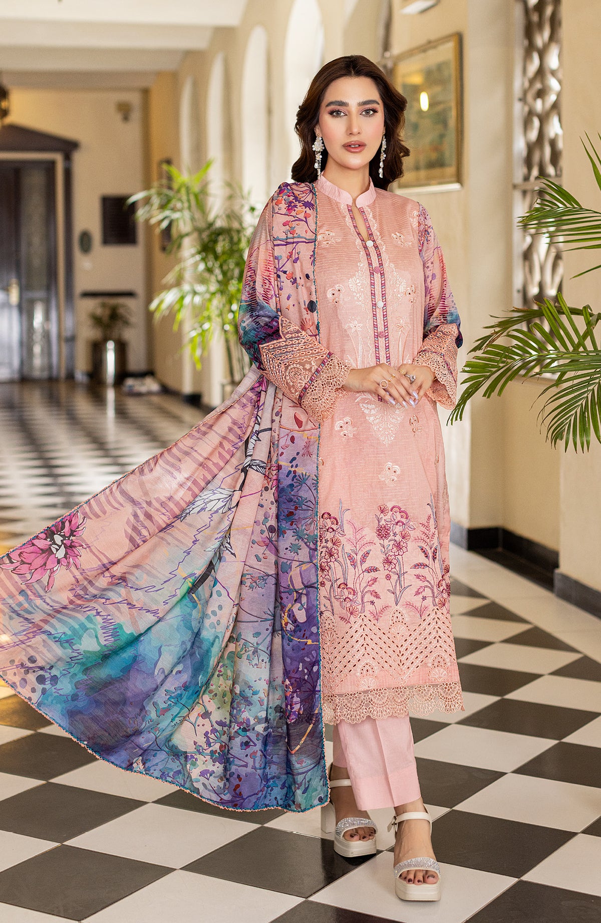 Sub Rang by Al Karim Embroidered Lawn Unstitched 3 Piece Suit - DP-2823 - AK26SUBR - Pink - Summer Collection